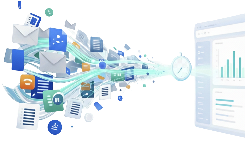 Email e documenti che confluiscono in una dashboard ordinata